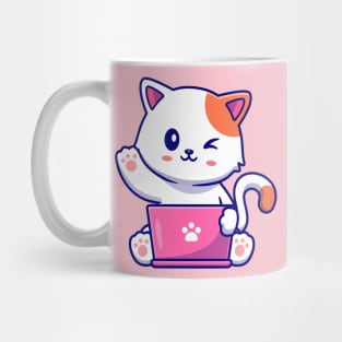 Cute Cat Working On Laptop With Coffee Cup Cartoon Mug